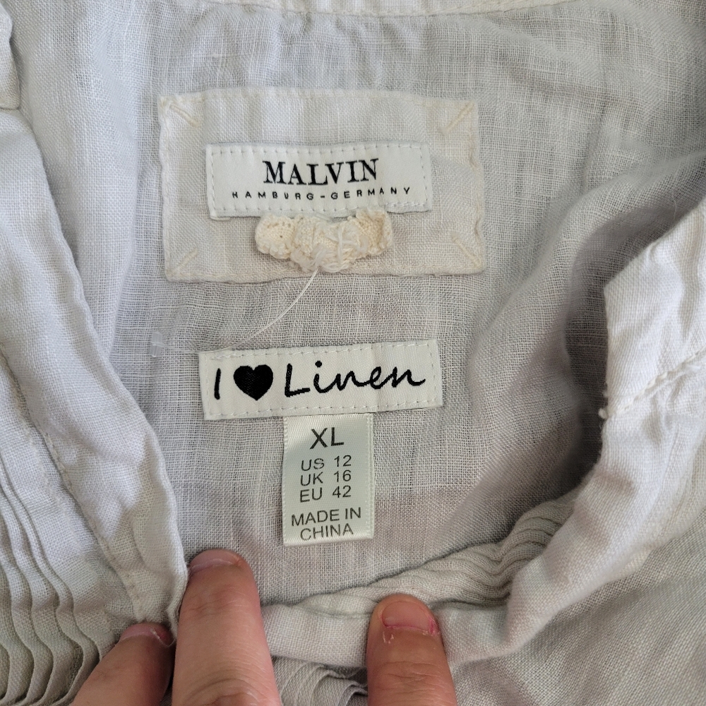 Malvin I Love Linen Hamburg Germany Pleated Roll Tab Sleeve Blouse XL - Picture 3 of 5